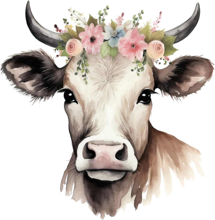 Watercolor Cow Head with Flower Crown